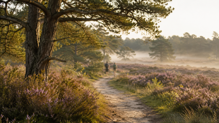 Twee wandelaars op een zandpad door paarsbloeiende heide in het Vechtdal bij ochtendmist
