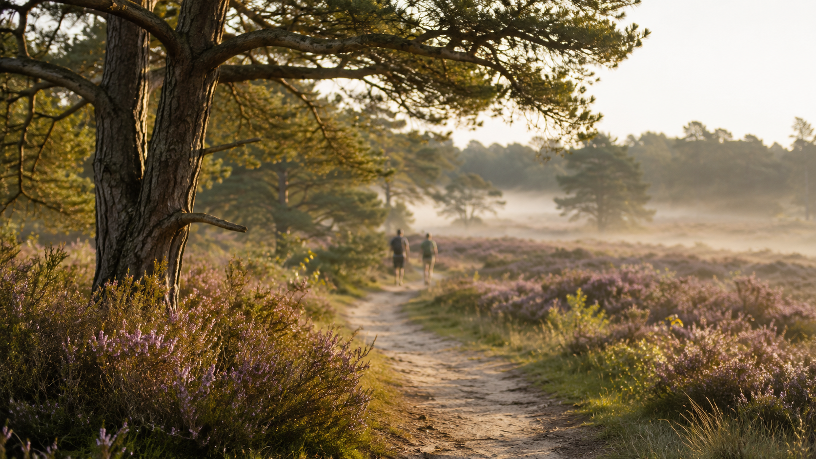 Twee wandelaars op een zandpad door paarsbloeiende heide in het Vechtdal bij ochtendmist