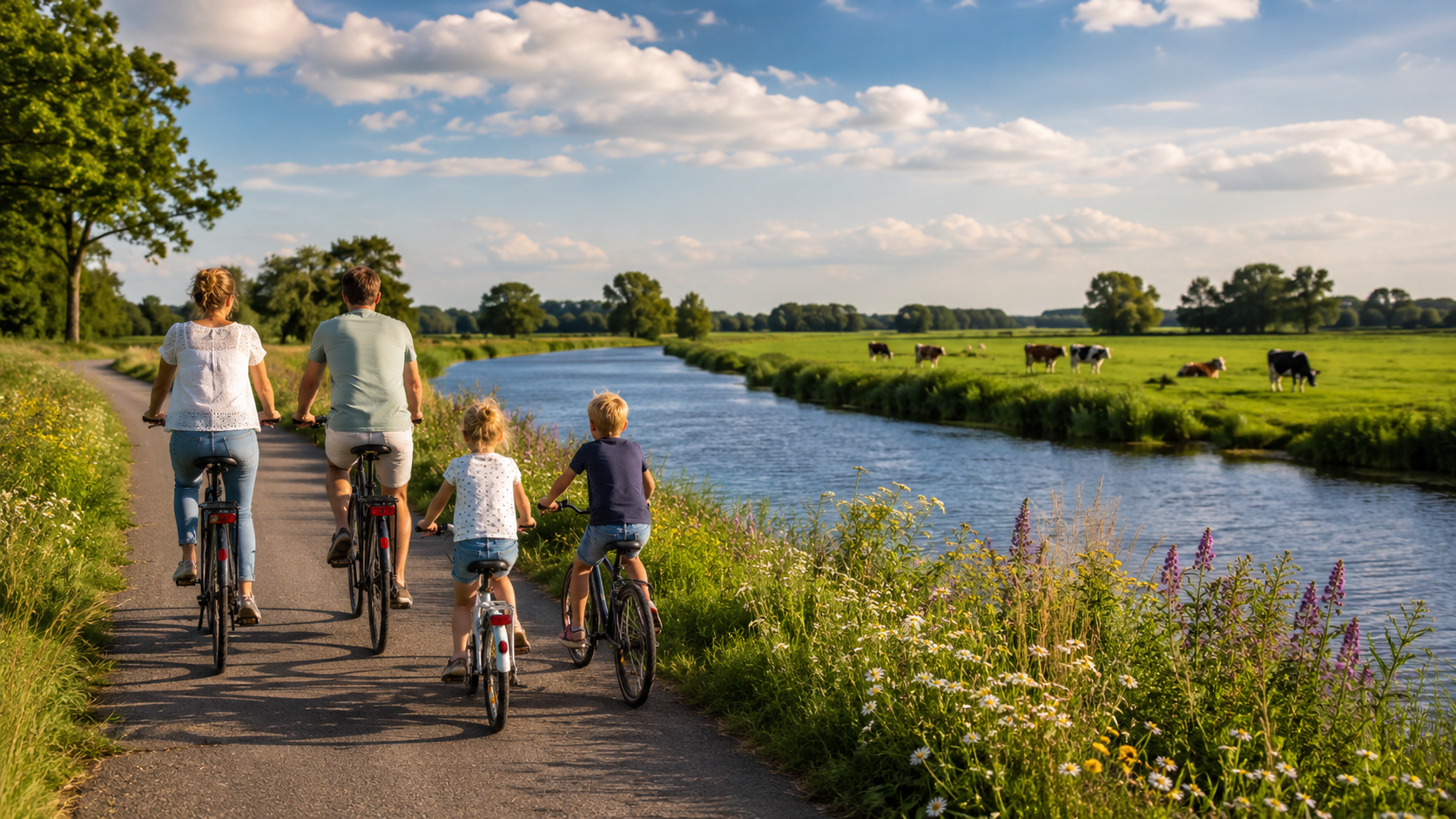 Een gezin fietst langs de rivier de Vecht met grazende koeien in de wei